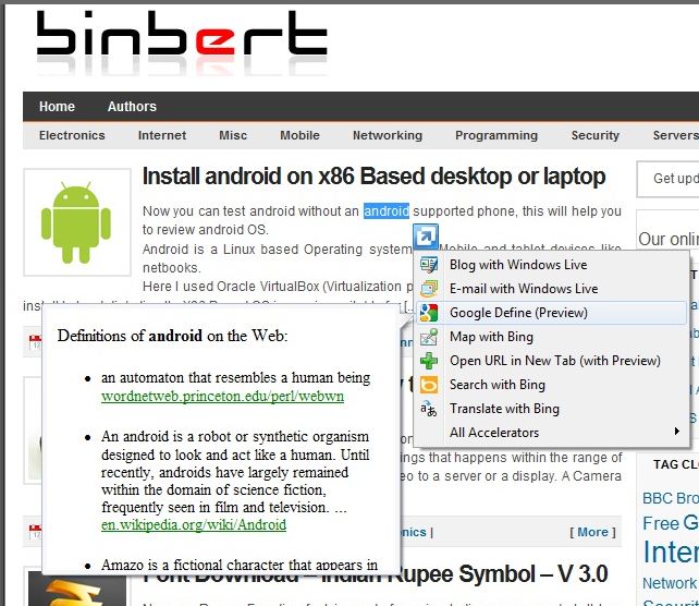Google Define IE8 Accelerator with Preview Binbert